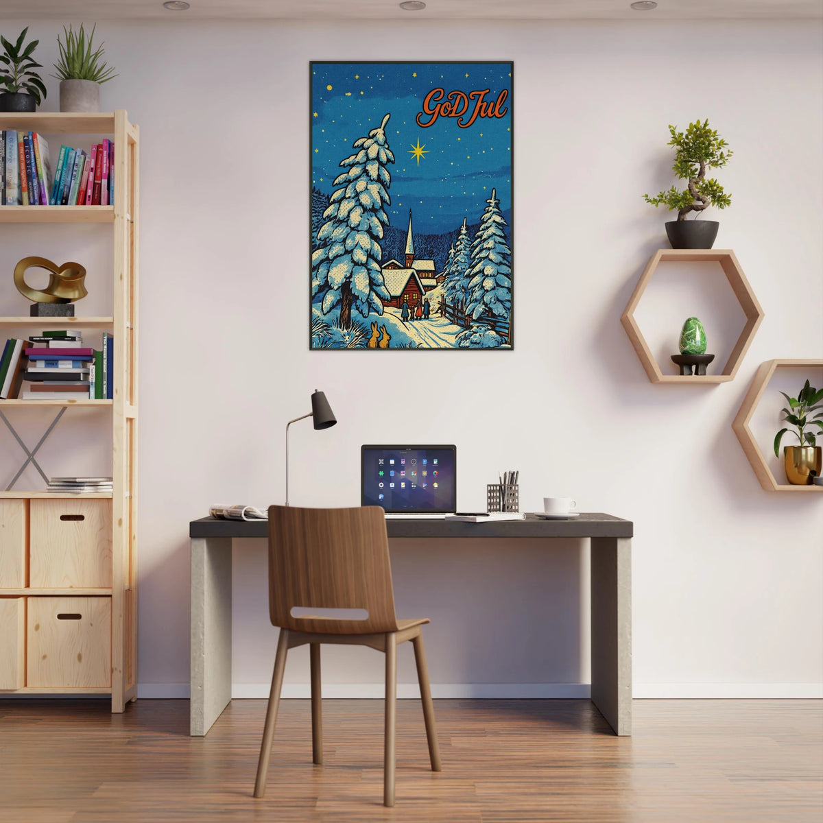 Jul – Retro juleplakat med klassisk julemotiv i koselig kontorinnredning.