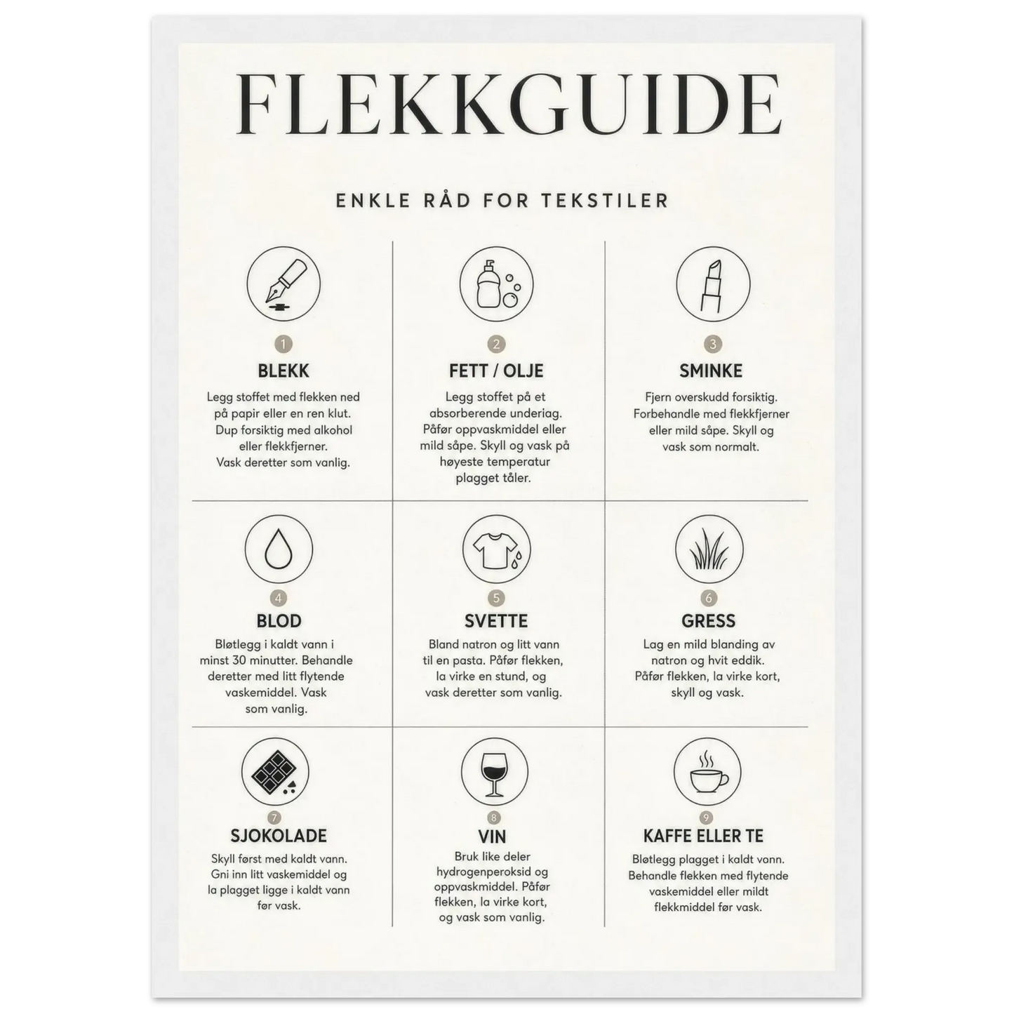 Flekkguide plakat med enkle råd for behandling av flekker på tekstiler til vaskerommet.