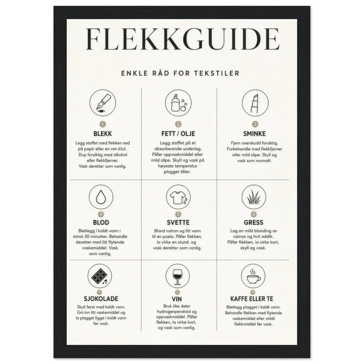 Flekkguide plakat med enkle råd for behandling av flekker på tekstiler i vaskerommet.