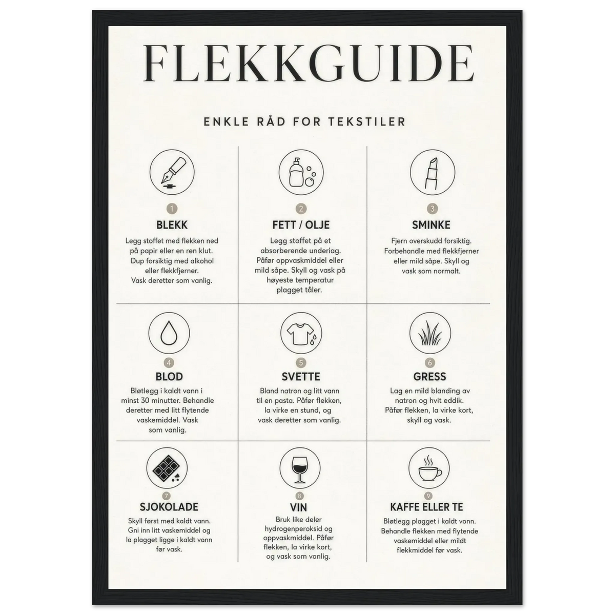 Flekkguide med enkle råd for tekstiler og behandling av vanlige flekker.