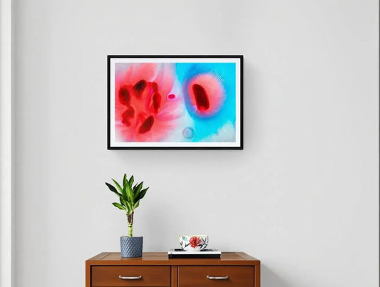 Minimalistisk abstrakt kunstplakat – Rød og blå flytende kontrast