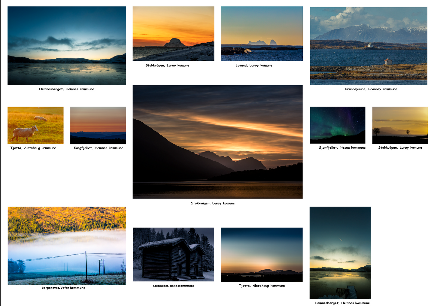 Collage of stunning landscapes from Helgeland featuring fjords, mountains, and seasonal views.