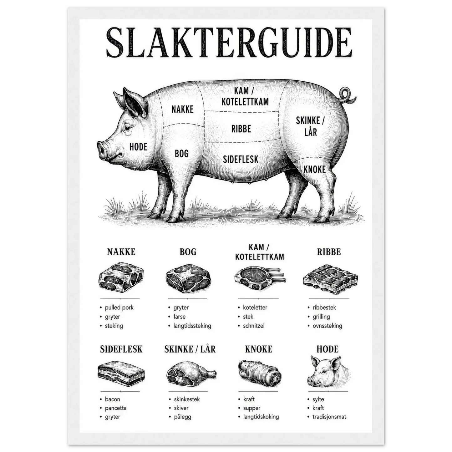 Slakterguide plakat med detaljer om svindeler og kjøttkutt, perfekt for kjøkkenet.