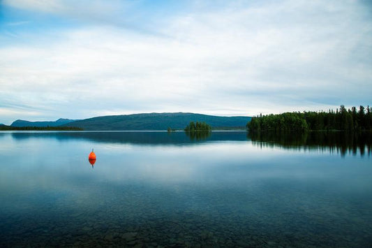 Utsikt over Tärnasjön med en oransje bøye i forgrunnen og fjell i bakgrunnen.