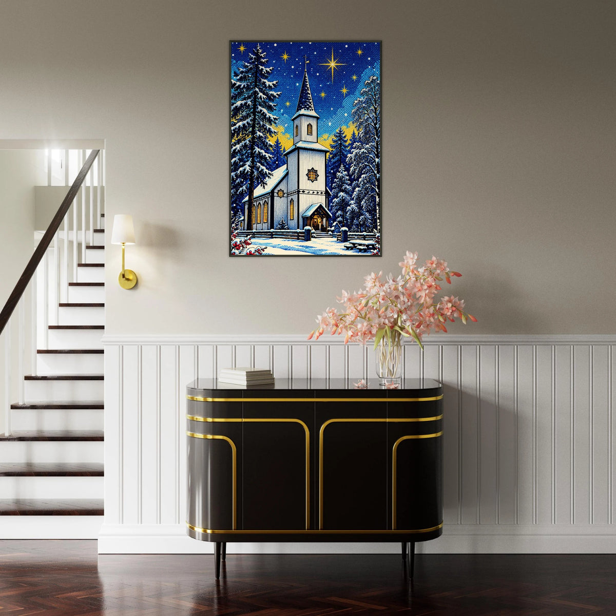Jul på Nevernes med julemotivet av en kirke og stjerner, perfekt veggkunst til stue eller kontor.