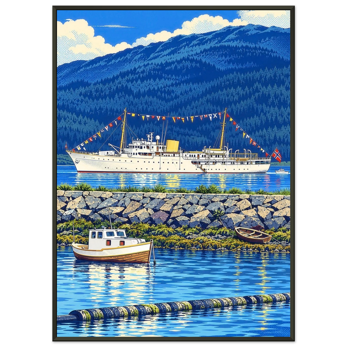 Kongeskipet Norge på besøk i Nesna, illustrert med fargerik popartstil og kystidyll fra Helgeland.