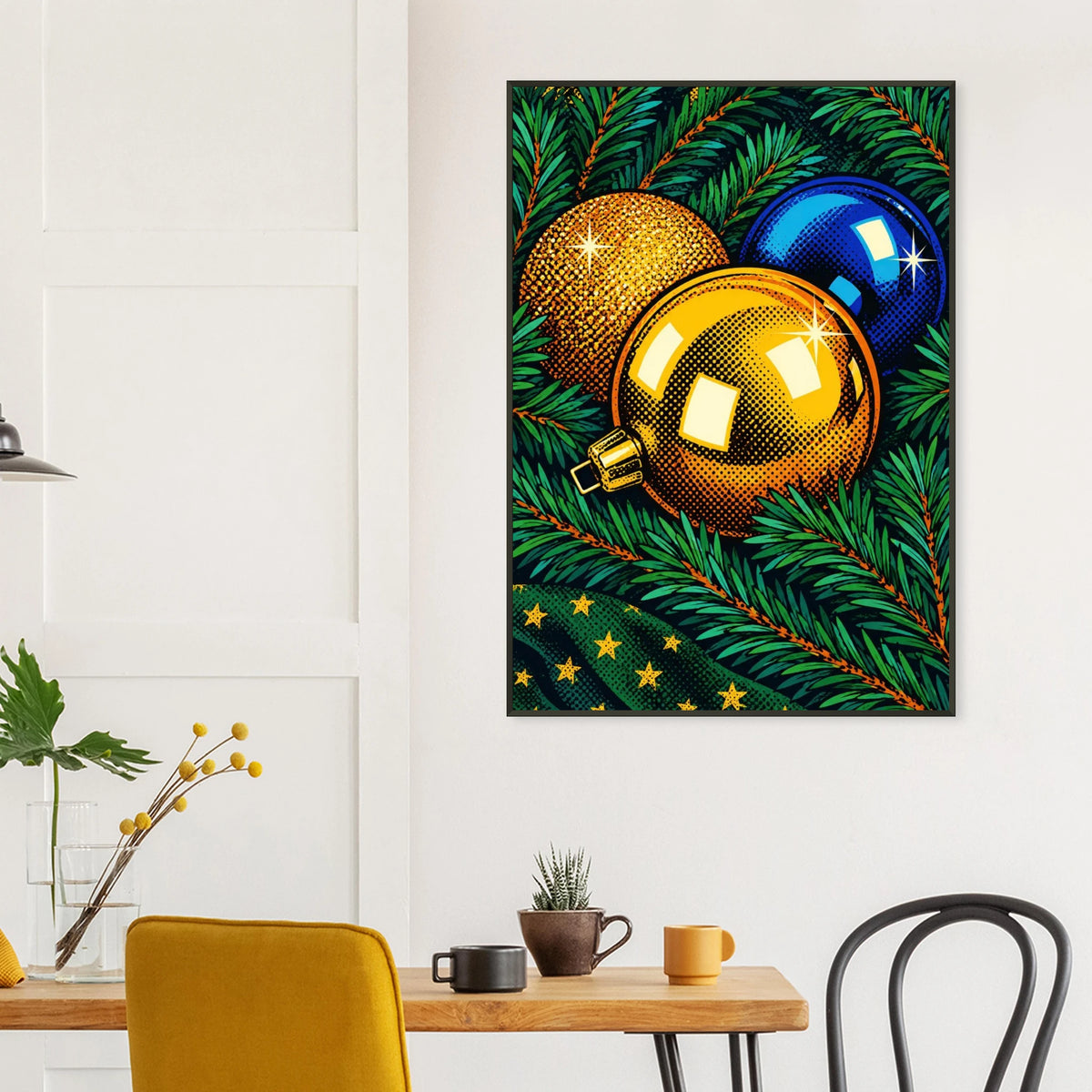 Julestemning motiv med julepynt i grønt, perfekt for veggkunst i stue eller kontor.