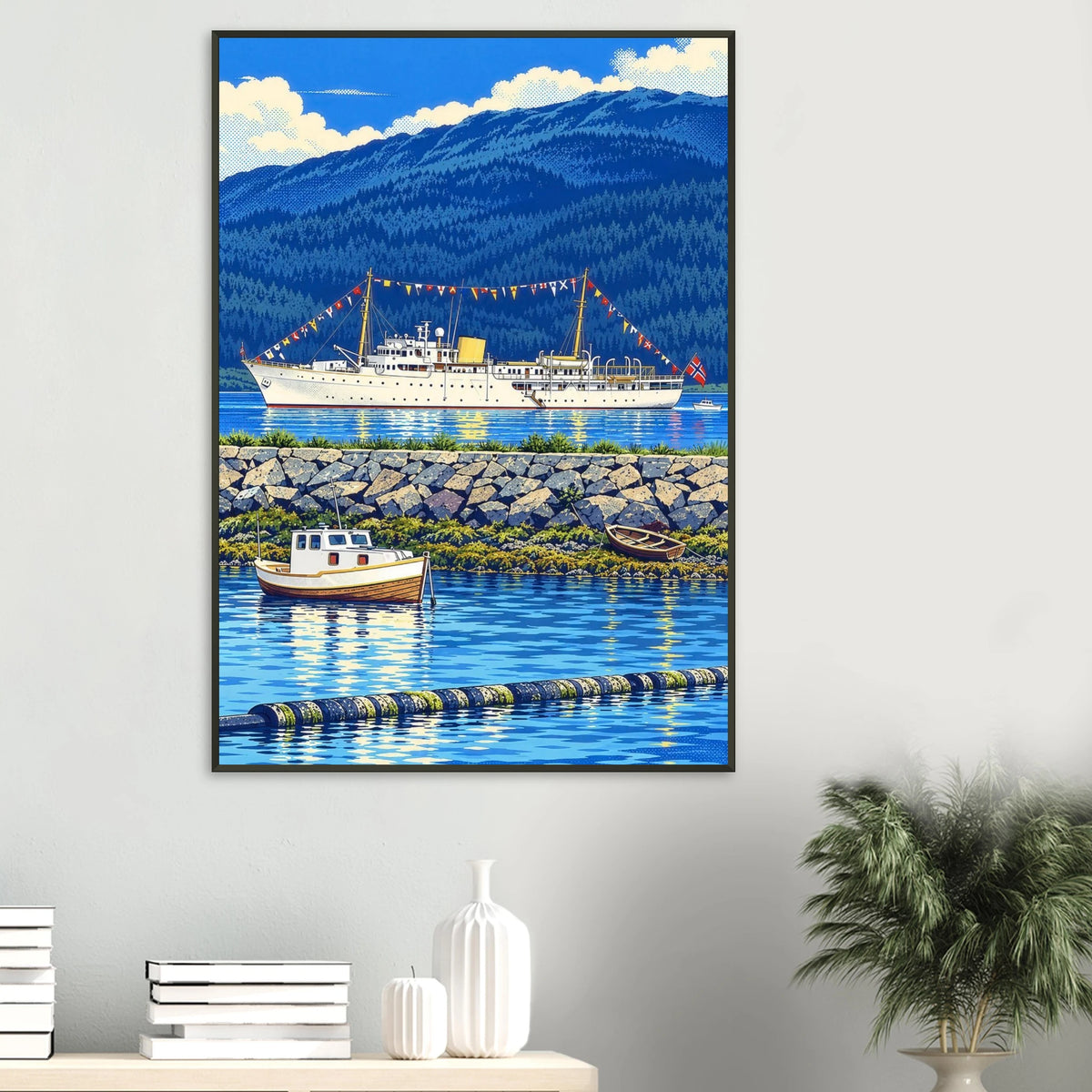 Kongeskipet Norge med festbånd i vakker sjøutsikt ved Nesna, fargerik popartplakat på matt fotopapir.