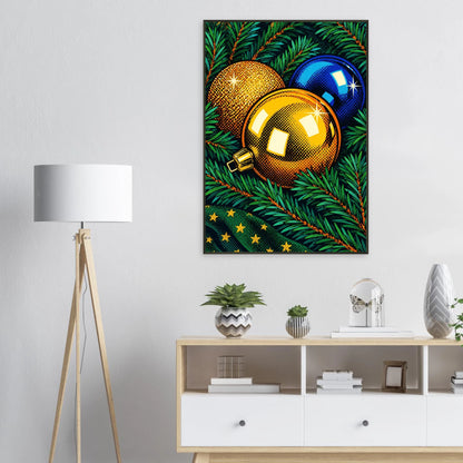 Julestemning digitalt motiv med julepynt i stueinnredning, perfekt som veggkunst.