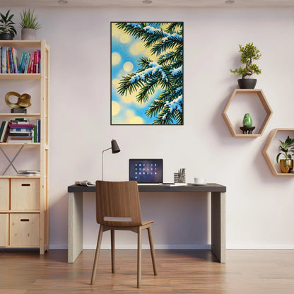 Julegran digitalt motiv av juletre med snø, perfekt veggkunst for stue eller kontor.