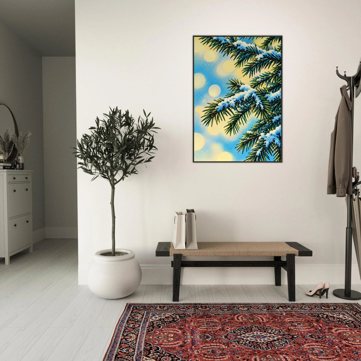 Julegran digitalt motiv av juletre i stue med moderne interiør og fargerik bakgrunn