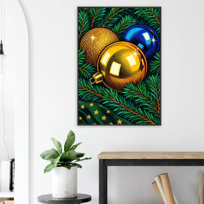 Julestemning digitalt motiv med julekulene på en bakgrunn av grønne grener, perfekt som veggkunst.