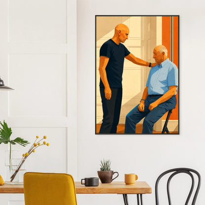 Ståle Solbakken og Kong Harald V i et varmt møte etter VM 2026, digitalt kunstverk som fanger menneskelig nærhet.