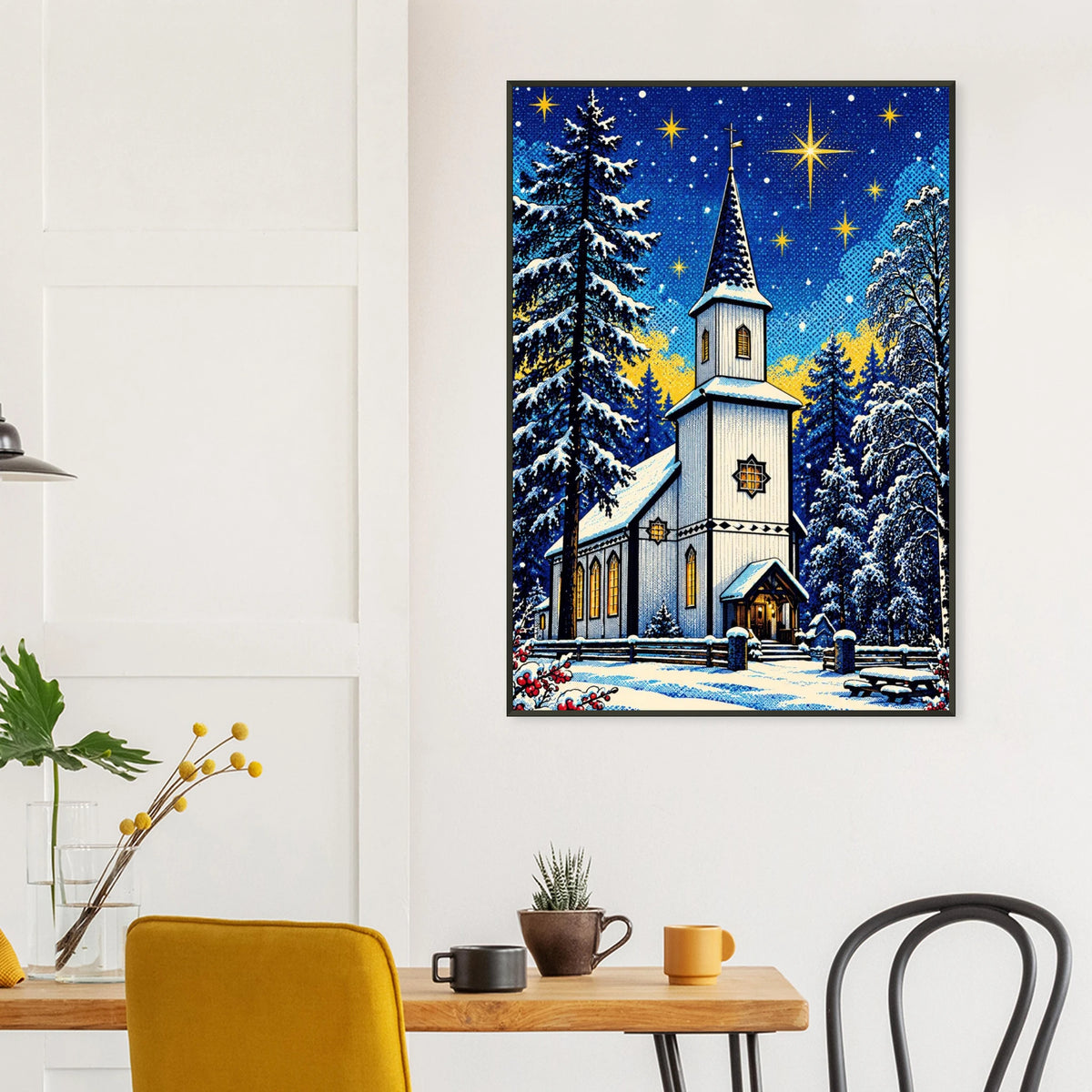 Jul på Nevernes, digitalt motiv av en kirke omgitt av snø og stjerner, perfekt som veggkunst for julestemning.