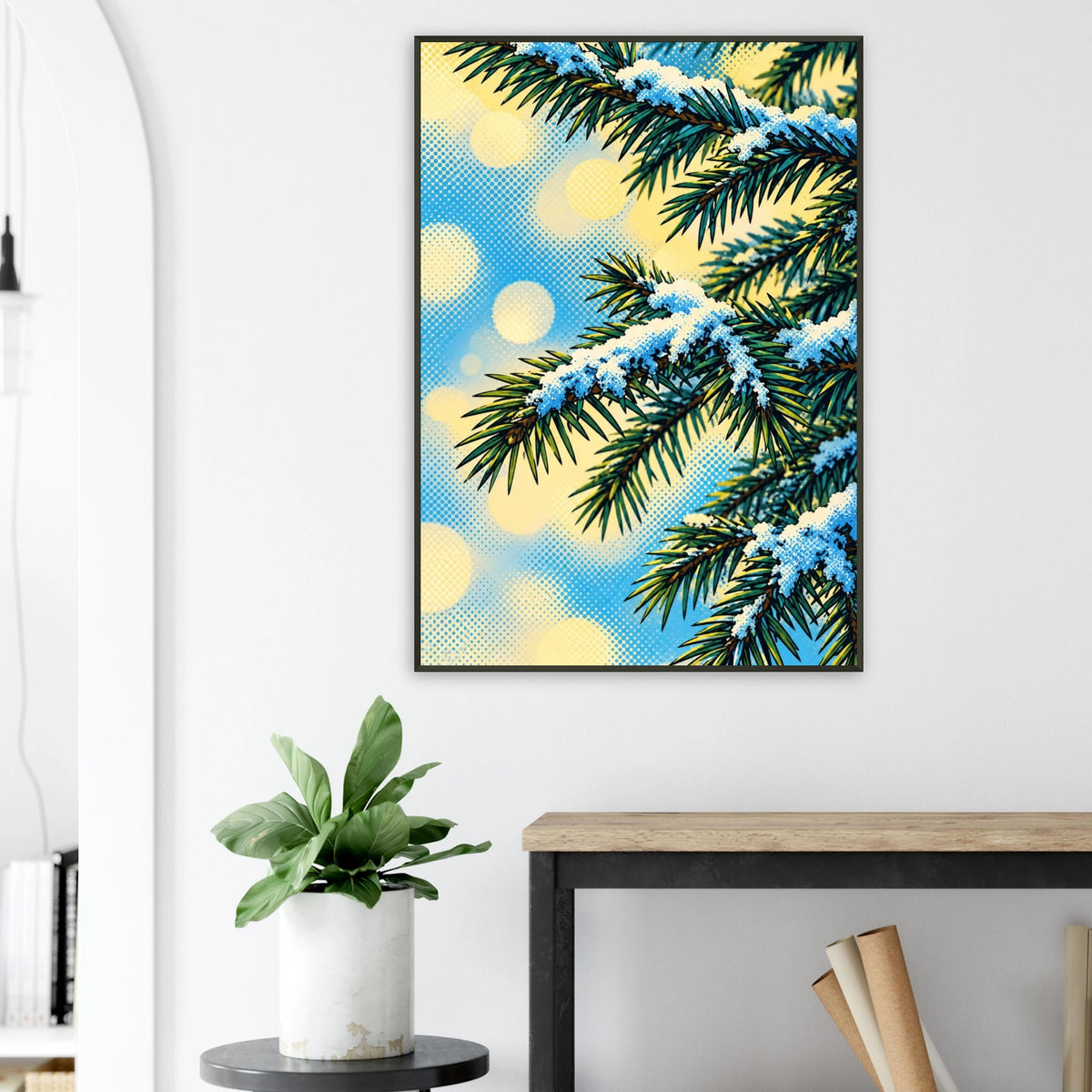 Julegran digitalt motiv med snødekte grener i fargerik bakgrunn, perfekt som veggkunst.