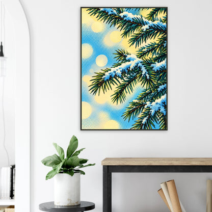 Julegran digitalt motiv med snødekte grener i fargerik bakgrunn, perfekt som veggkunst.
