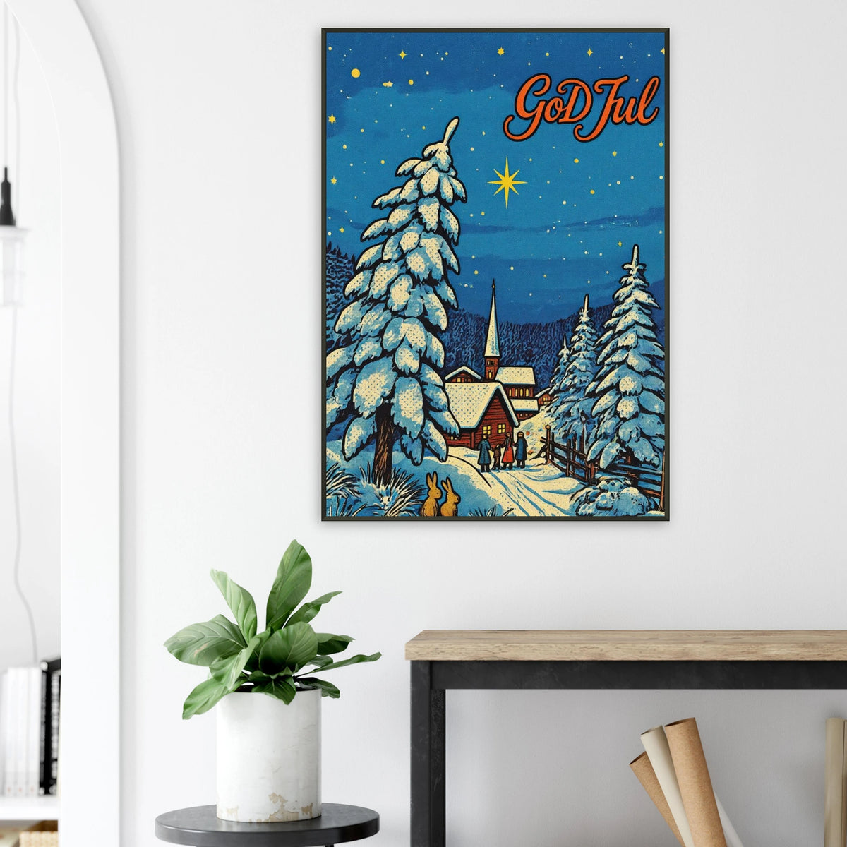 Jul retro juleplakat med snødekte trær og koselig julehus i en vinterlandskap.