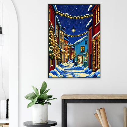 Jul i sjøgato - digital kunst med snødekte gater og julelys, perfekt veggkunst til stue og kontor