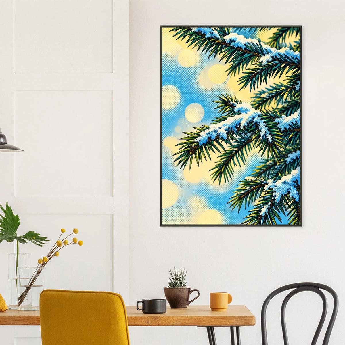 Julegran veggkunst med julestemning, sort ramme, perfekt for stue eller kontor, vintermotiv