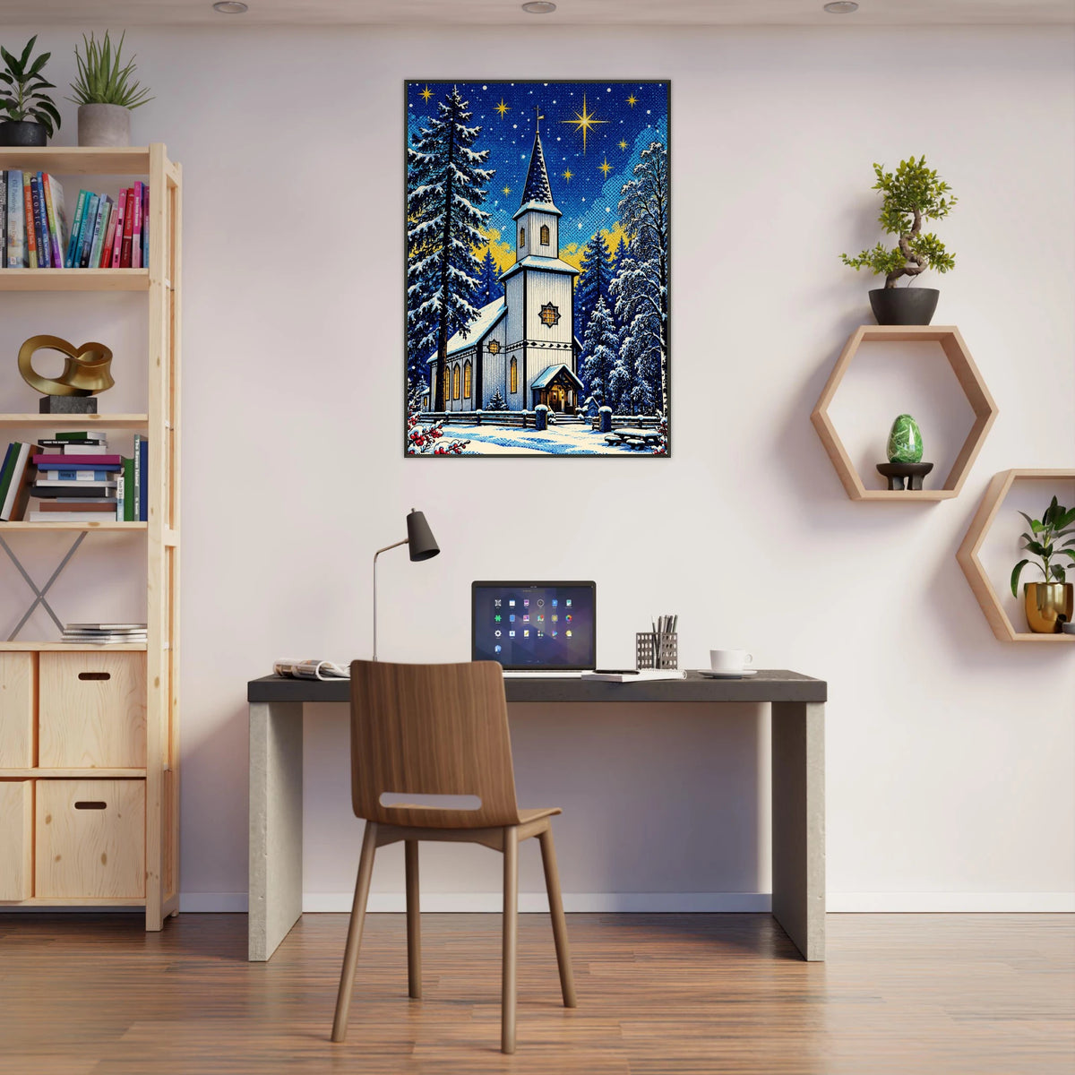 Jul på Nevernes veggkunst som viser julemotiv med kirke og snødekte trær i moderne kontor.