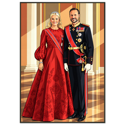 Kongelig eleganse i digitalt motiv av Kongen og Dronningen i stilige antrekk. Veggkunst med kongelig preg.
