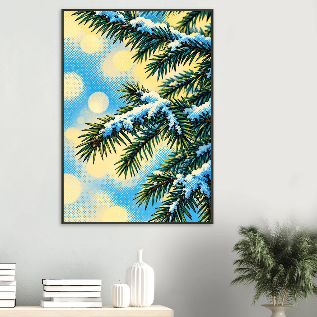 Julegran digitalt motiv med snø på grantrær, perfekt veggkunst som skaper julestemning.