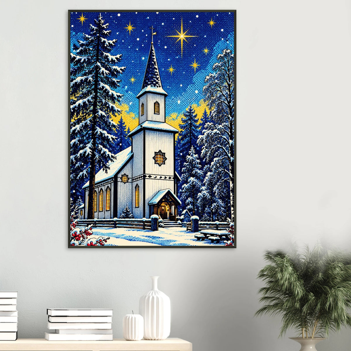 Jul på Nevernes: digitalt motiv med kirke i snø, stjerner og julelys, veggkunst for stue eller møterom.