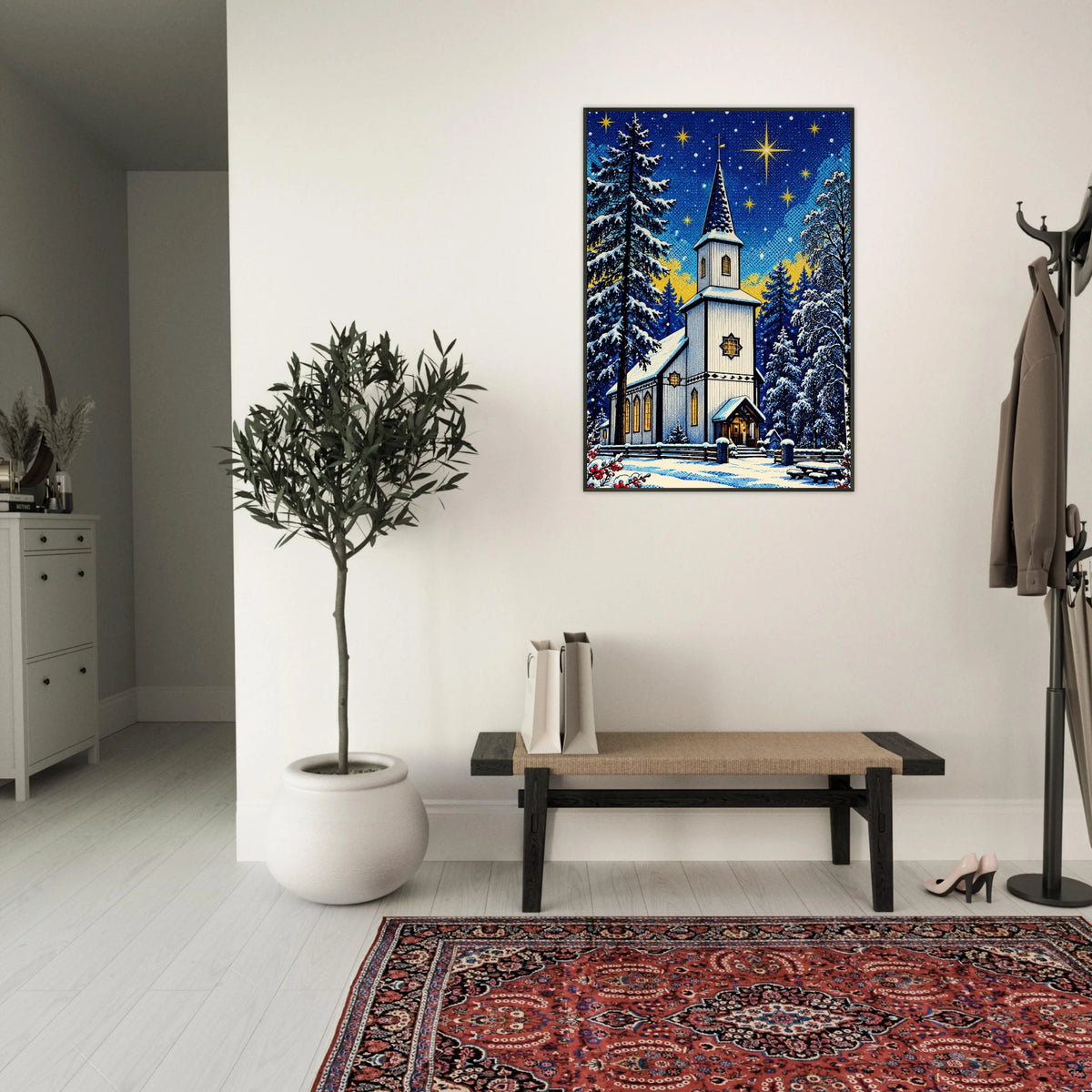 jul på Nevernes med kirke i vinterlandskap, perfekt veggkunst til stue eller kontor.