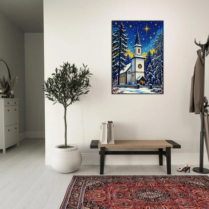jul på Nevernes med kirke i vinterlandskap, perfekt veggkunst til stue eller kontor.