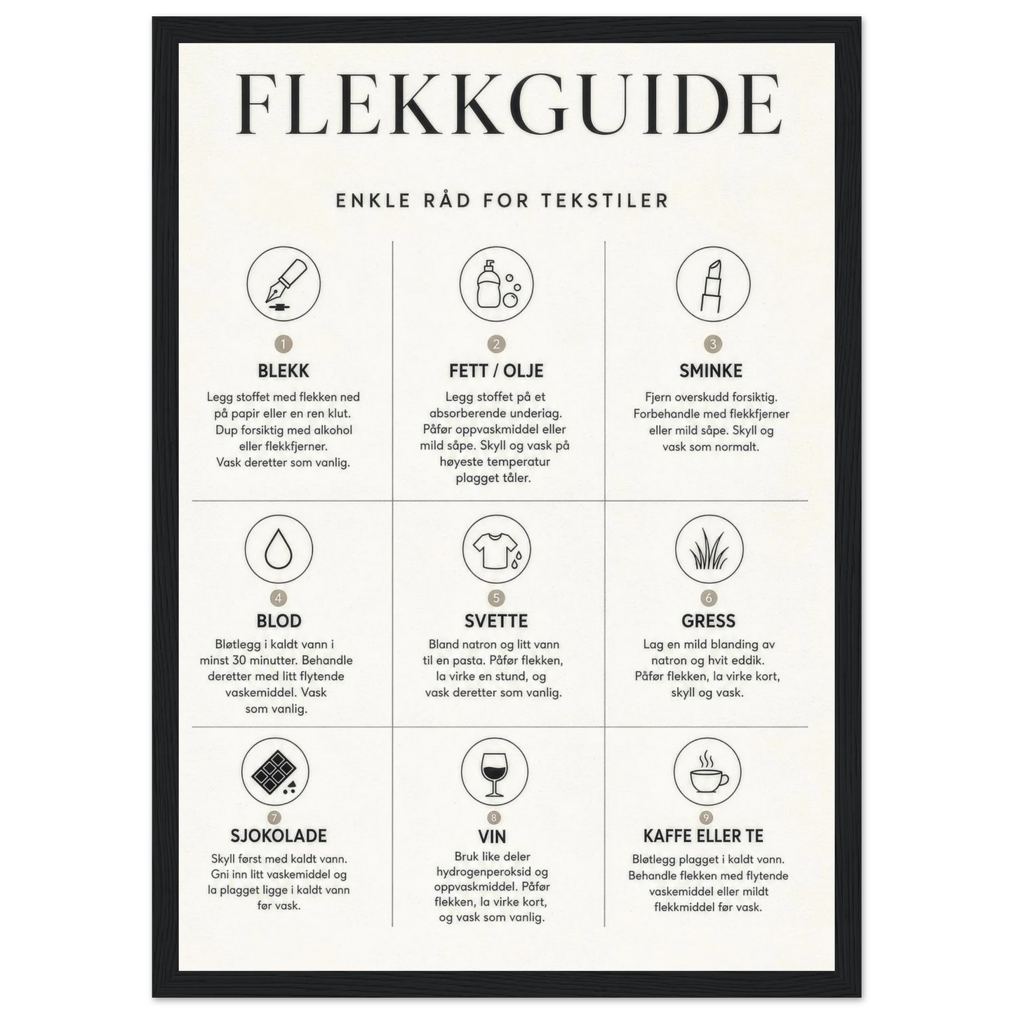 Flekkguide med enkle råd for tekstiler og behandling av vanlige flekker.