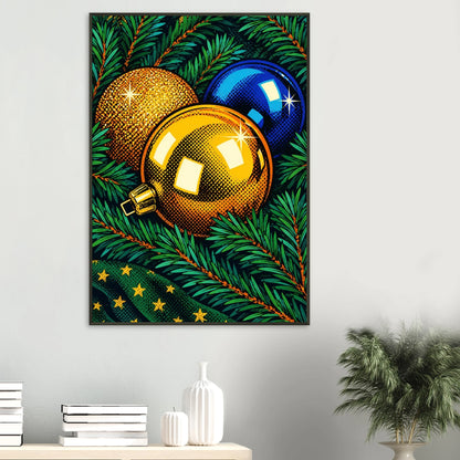 Julestemning digitalt motiv med juledekorasjoner som ornamenter på grønne grener, perfekt veggkunst.