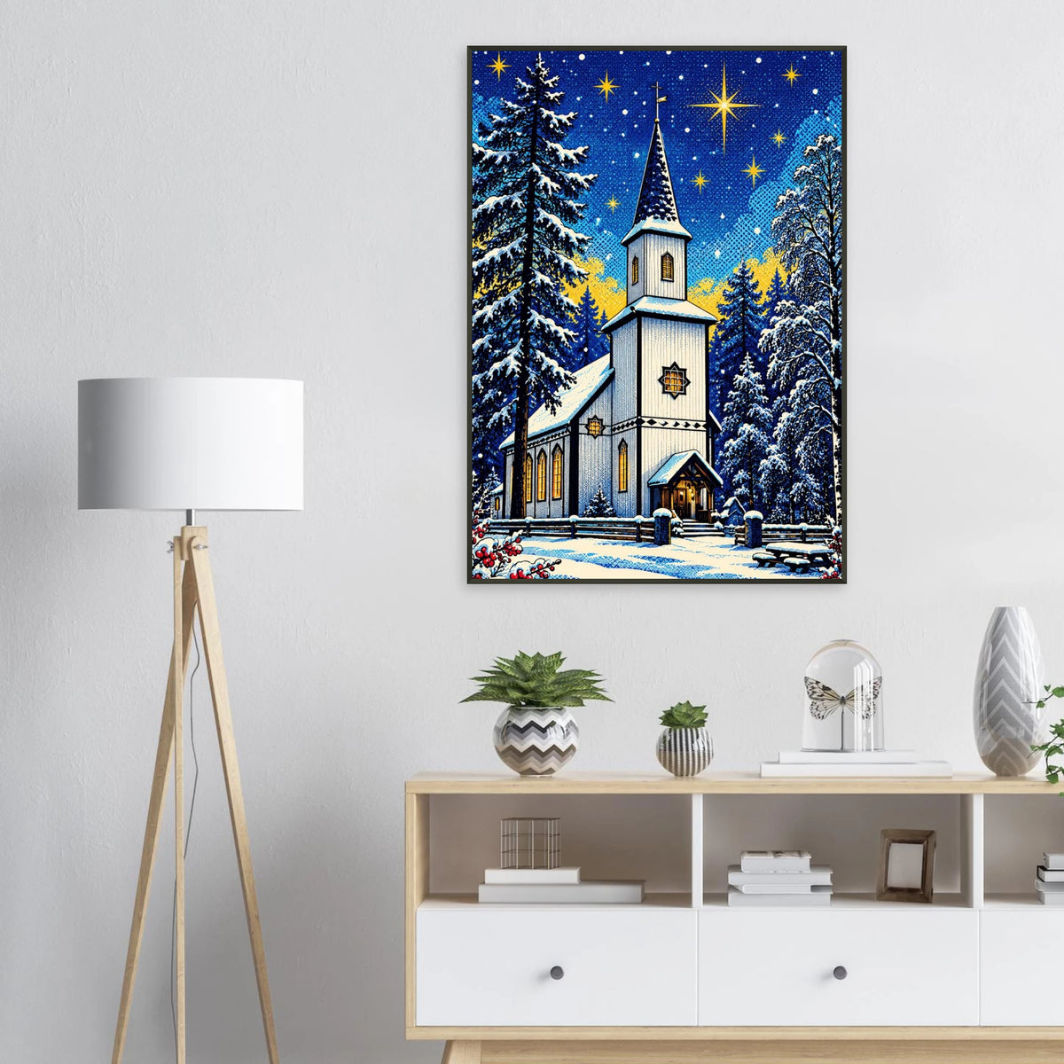 Jul på Nevernes - digitalt motiv av en kirke i snødekt landskap, perfekt som veggkunst.