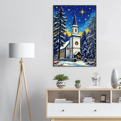 Jul på Nevernes - digitalt motiv av en kirke i snødekt landskap, perfekt som veggkunst.