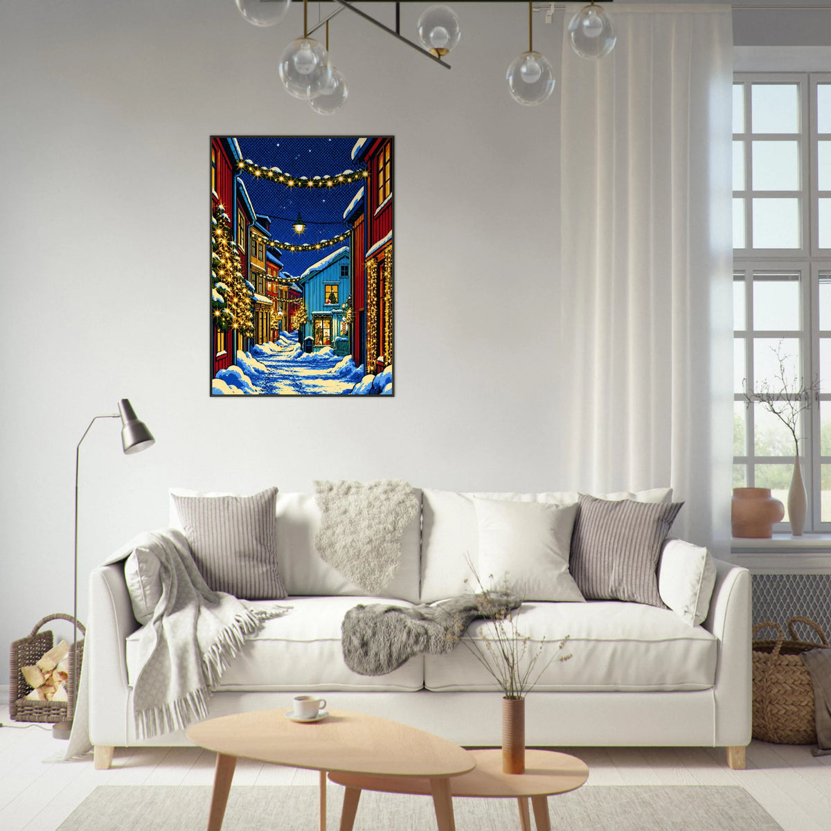 Jul i sjøgato, digital kunst av julegate i Mosjøen, perfekt veggkunst for stue eller kontor.