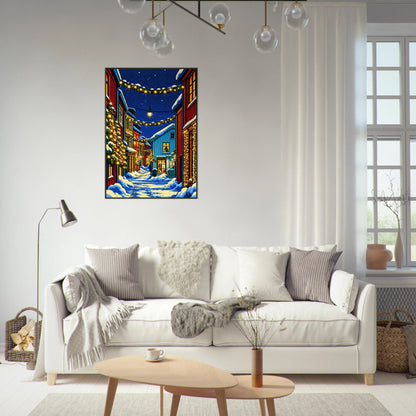 Jul i sjøgato, digital kunst av julegate i Mosjøen, perfekt veggkunst for stue eller kontor.