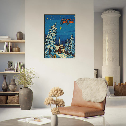 Jul retro juleplakat med koselig julemotiv i stueinnredning, perfekt for juletiden.