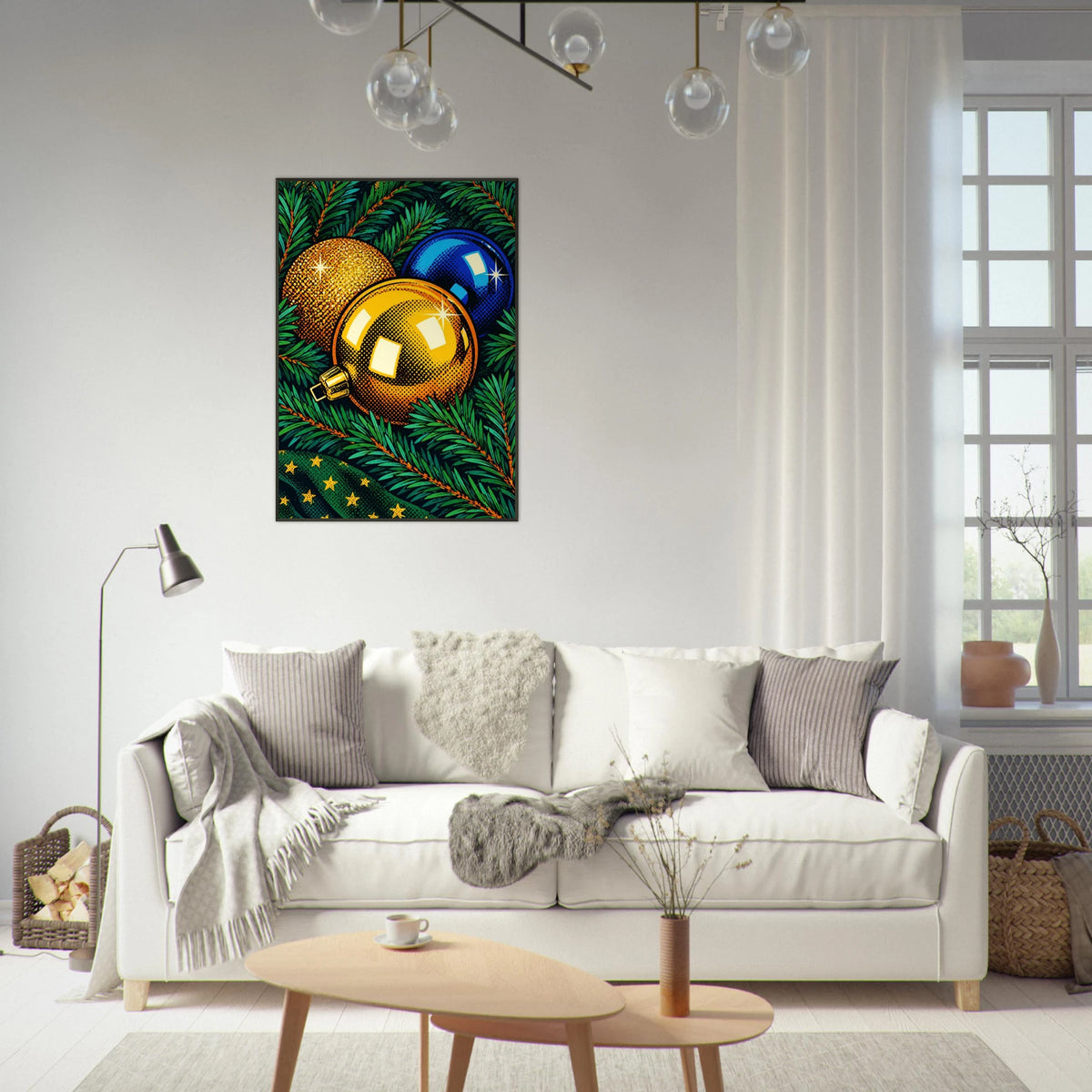 Digitalt motiv av julestemning med ornamenter på vegg i stue, perfekt veggkunst til juledekorasjoner.