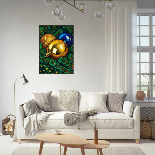 Digitalt motiv av julestemning med ornamenter på vegg i stue, perfekt veggkunst til juledekorasjoner.
