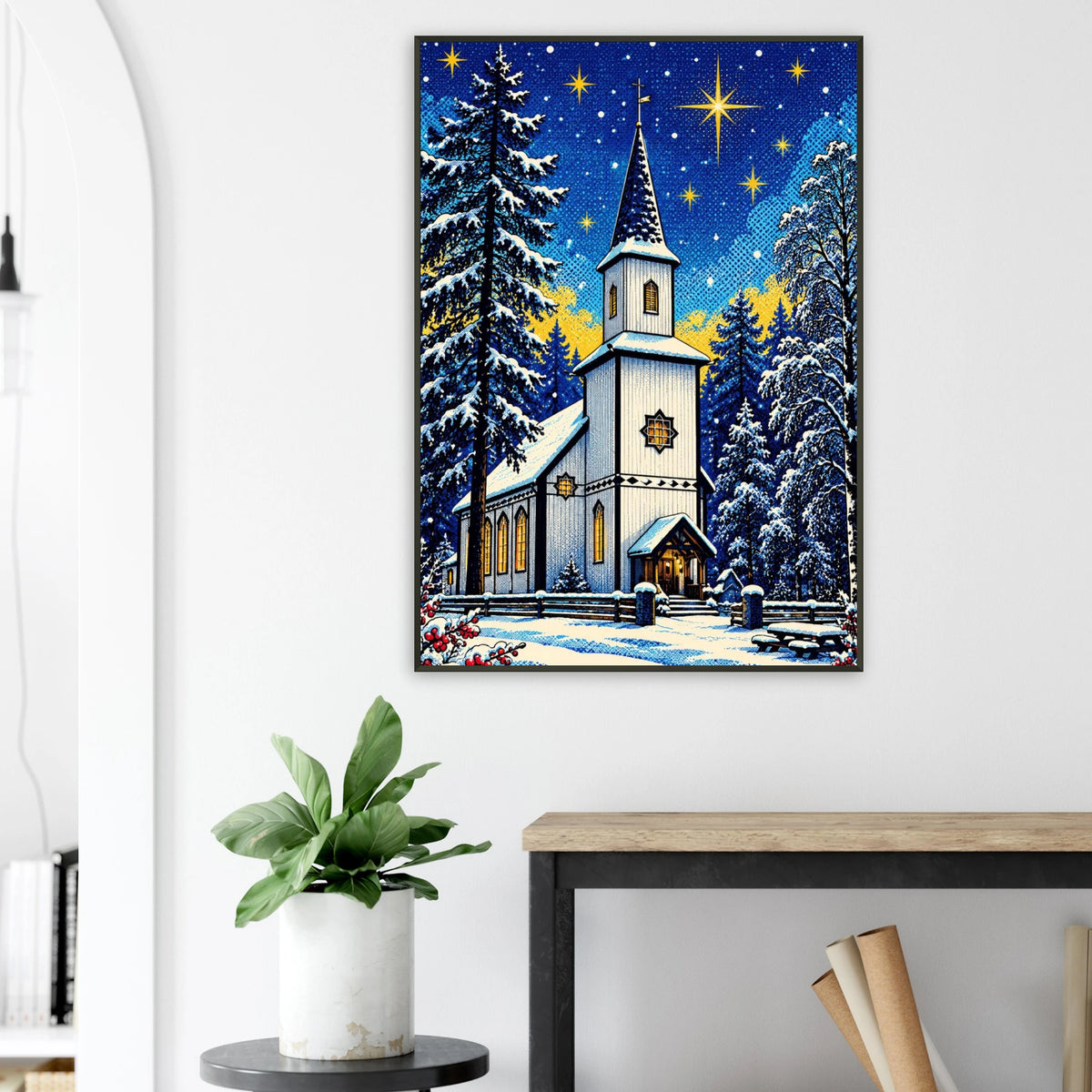 Jul på Nevernes - digital kunst av en kirke i vinterlandskap med julestjerne.