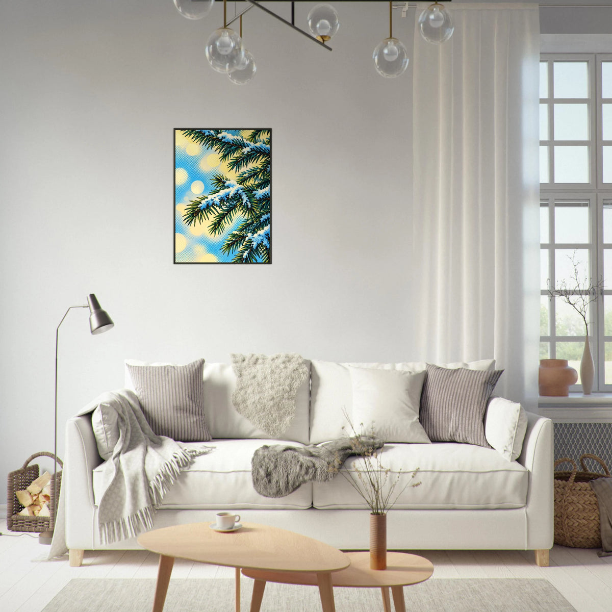 Julegran digitalt motiv av juletre i moderne stue, perfekt som veggkunst for juledekorasjoner.