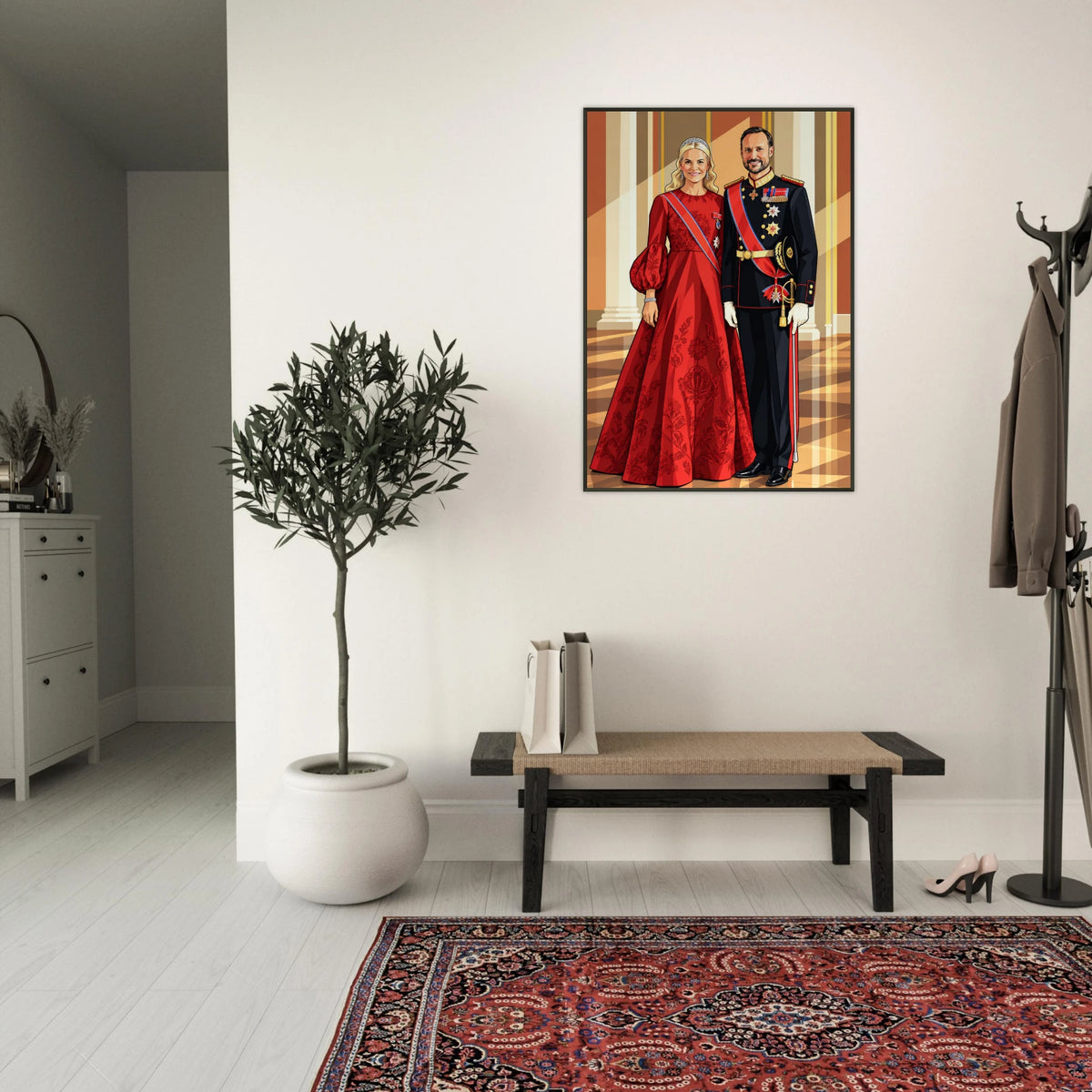Kongelig veggkunst av Kongen og Dronningen i elegant design med sort ramme.