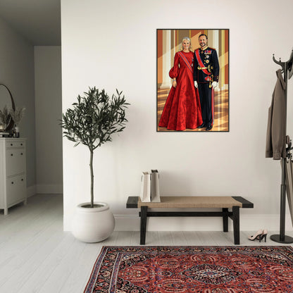 Kongelig veggkunst av Kongen og Dronningen i elegant design med sort ramme.