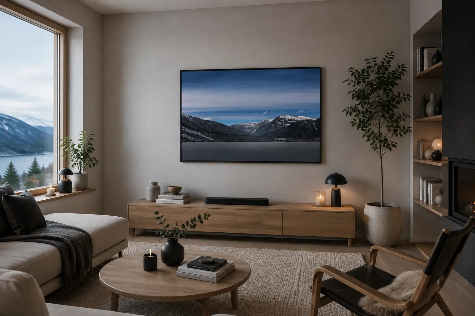 Austerdalsvannet ved Svartisen – rolig fjellandskap i nordisk uttrykk på vegg i moderne stue.