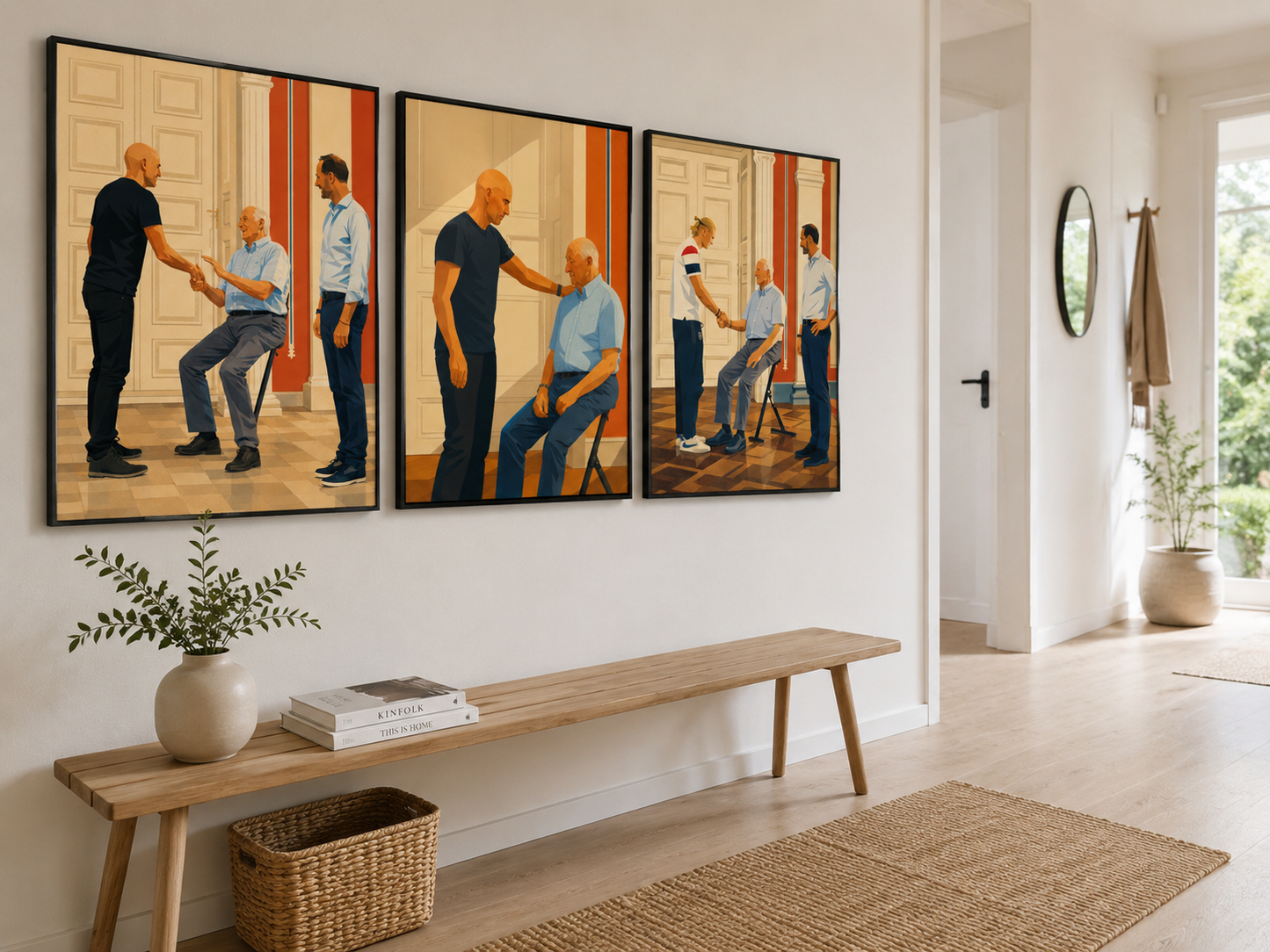 Kongelig møte med norske idrettshelter illustrert i tre malerier på veggen i et moderne rom.