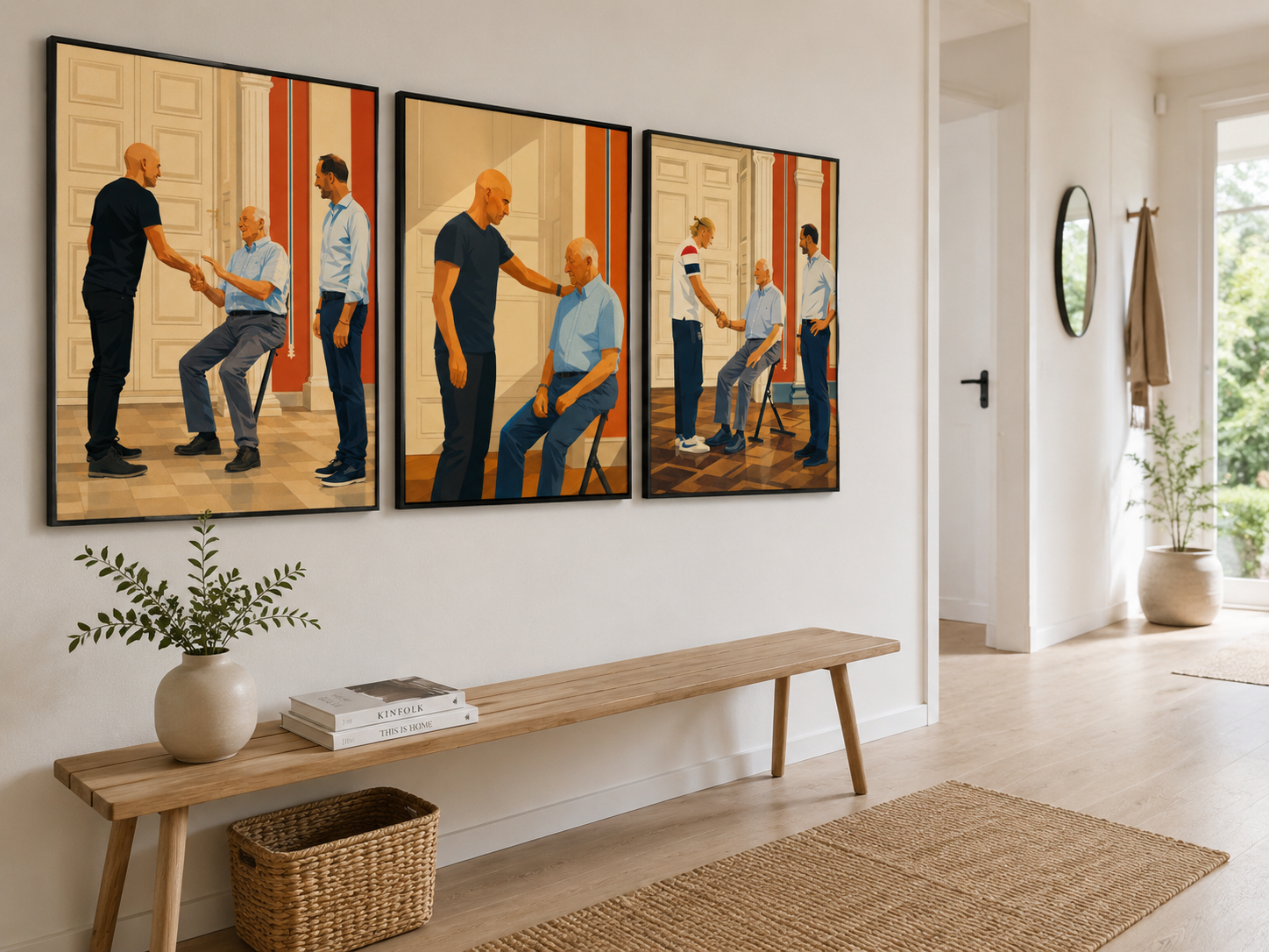 Kongelig møte med norske idrettshelter illustrert i tre malerier på veggen i et moderne rom.