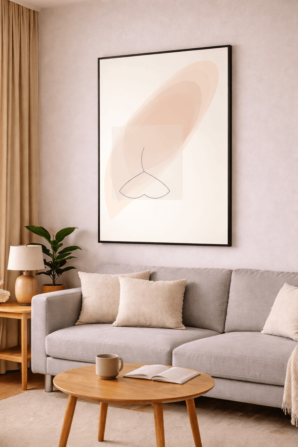 Skuldre av vind abstrakt kunstplakat i moderne stue med grå sofa og naturlige toner.