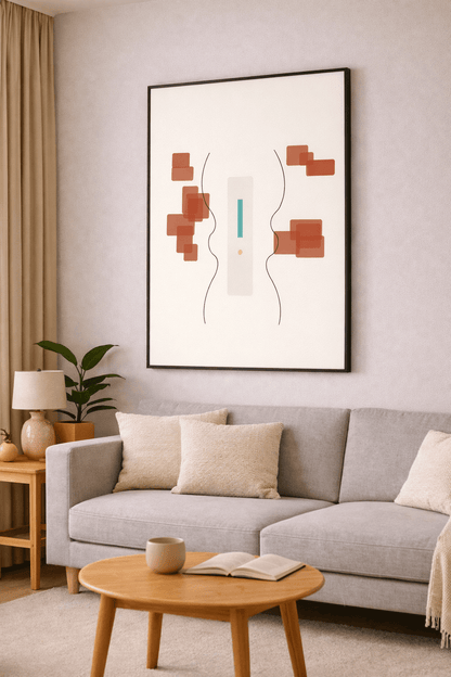 Mellom to tanker minimalistisk abstrakt kunstplakat i moderne stue med grå sofa og terrakotta-innredning.