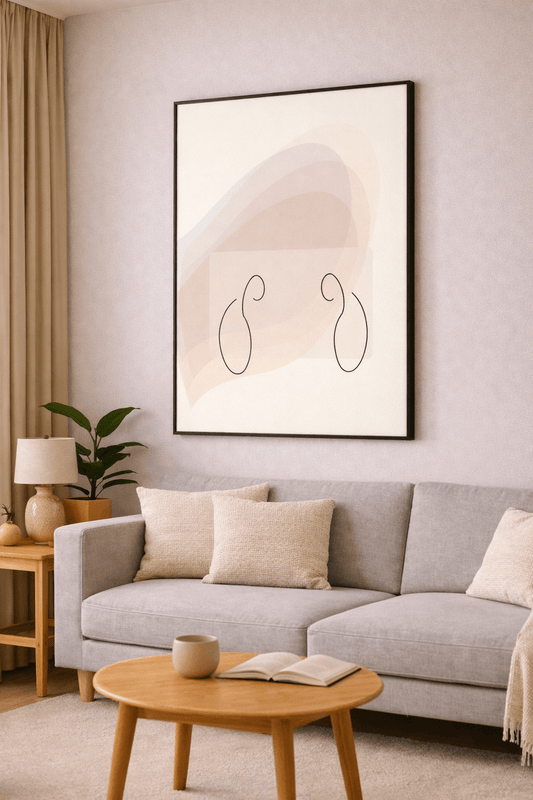 Linjer av stillhet – minimalistisk kunstplakat med linjetegninger i et moderne stueinteriør.