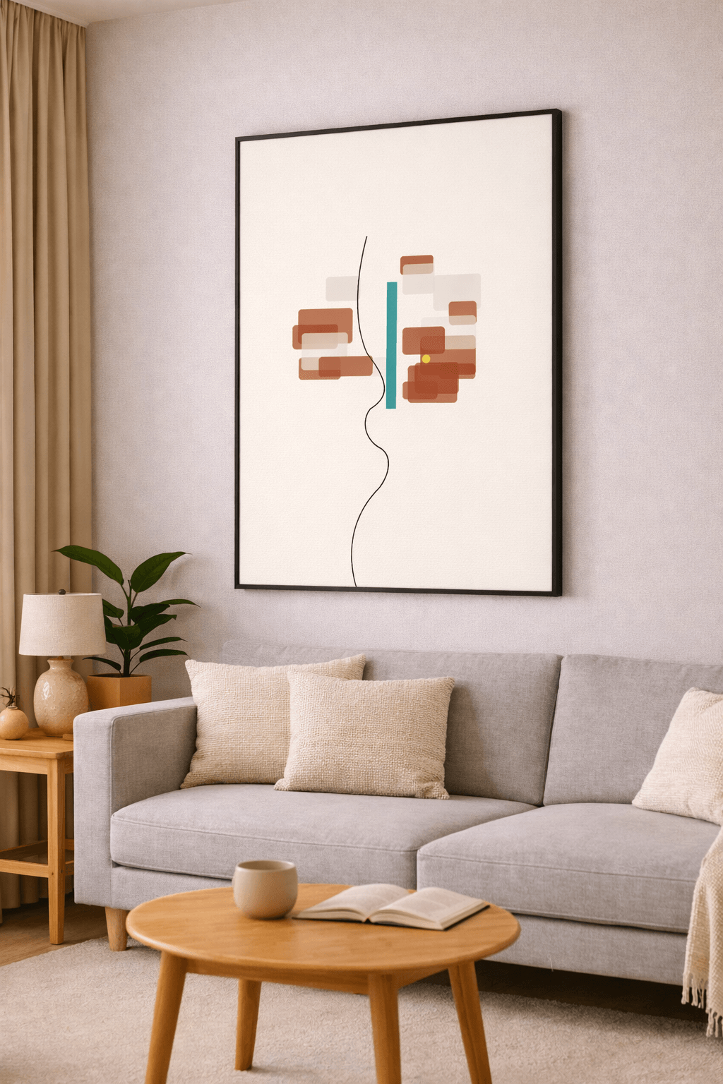 Fragmentert ro – minimalistisk abstrakt kunstplakat i moderne stue med varme farger og myke linjer.