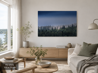 Tåkeskog veggbilde fra Ørtfjellet i stue med naturlig stil, 100x70 cm alu plate.